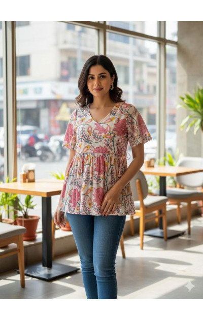 White color with pink flowers tunics